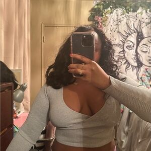 Forever 21 Light Gray Ribbed V-Neck Wrap Crop Top